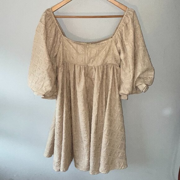 Sweet Lemon Tan Cream Puffy Sleeve A-Line Flowy Mini Short Dress with Pattern S - Picture 5 of 6